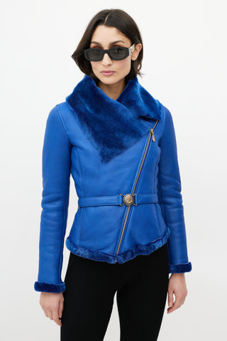 Versace Blue Leather Shearling Jacket