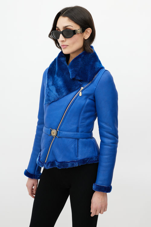 Versace Blue Leather Shearling Jacket