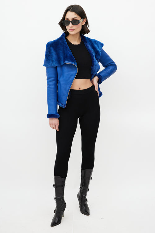 Versace Blue Leather Shearling Jacket