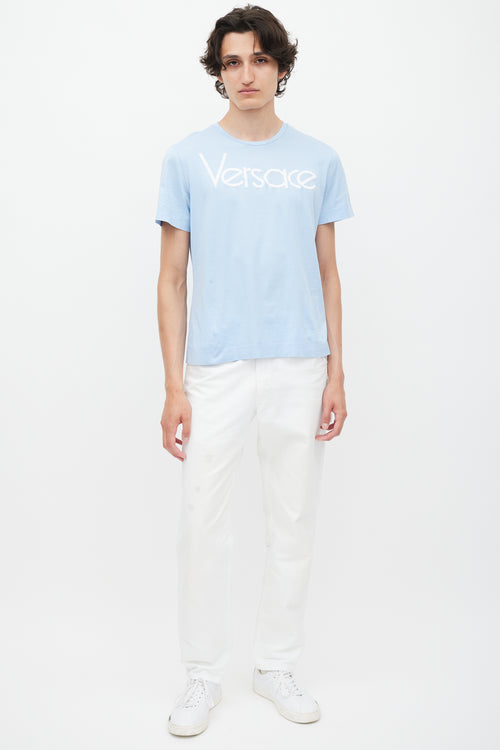 Versace Blue 
White Emrboidered Logo T-Shirt