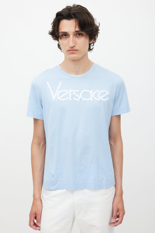 Versace Blue 
White Emrboidered Logo T-Shirt