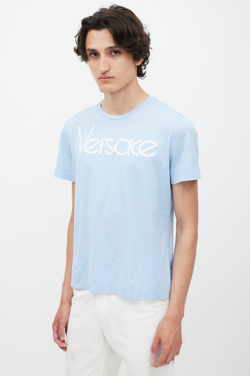 Versace Blue 
White Emrboidered Logo T-Shirt