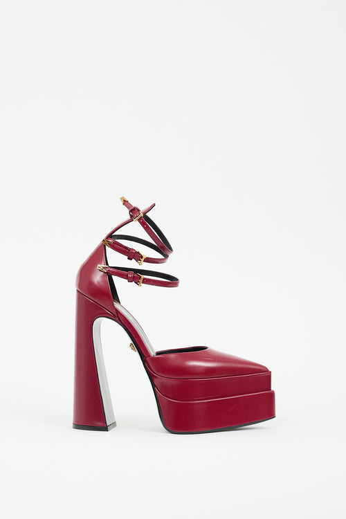 Versace Burgundy Leather Aevitas Strappy Platform Heel