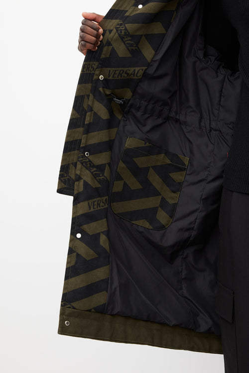 Versace Green 
Black Hooded Monogram Coat