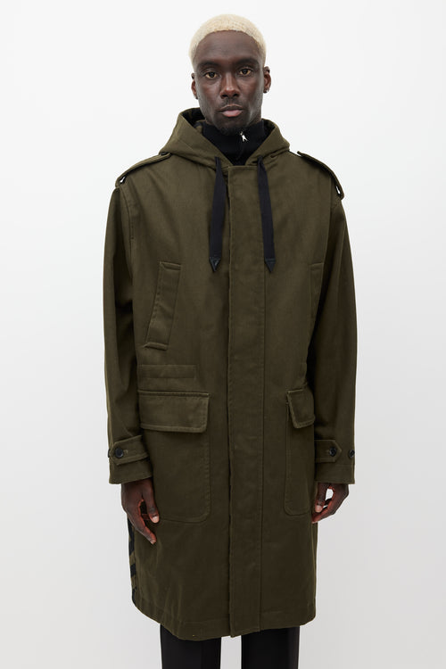 Versace Green 
Black Hooded Monogram Coat