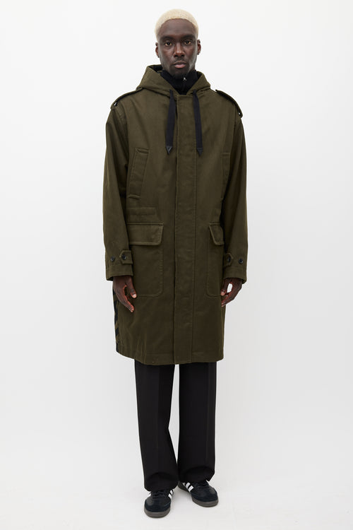 Versace Green 
Black Hooded Monogram Coat