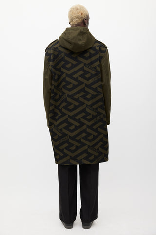 Versace Green 
Black Hooded Monogram Coat