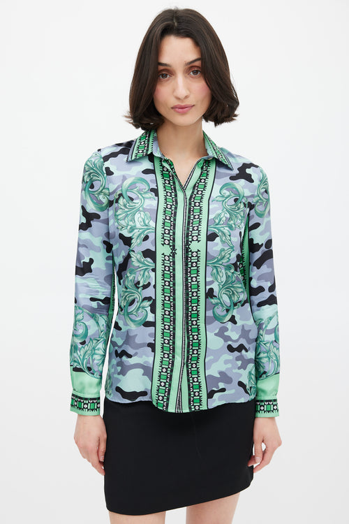 Versace Green 
Multicolour Silk Camouflage Shirt