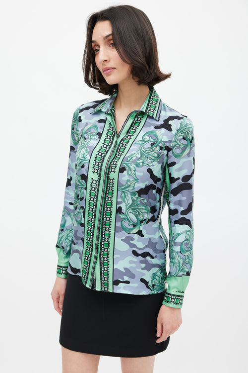 Versace Green 
Multicolour Silk Camouflage Shirt