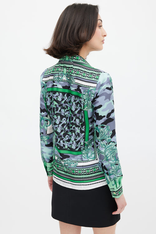 Versace Green 
Multicolour Silk Camouflage Shirt