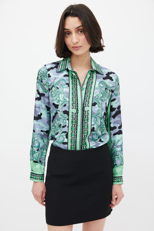 Versace Green 
Multicolour Silk Camouflage Shirt