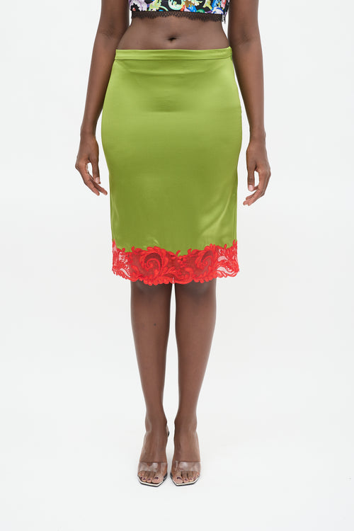 Versace Green 
Red Lace Trim Midi Skirt