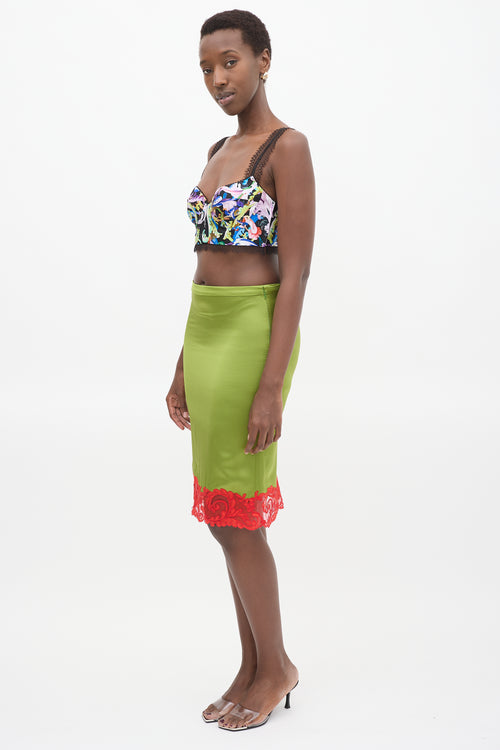 Versace Green 
Red Lace Trim Midi Skirt