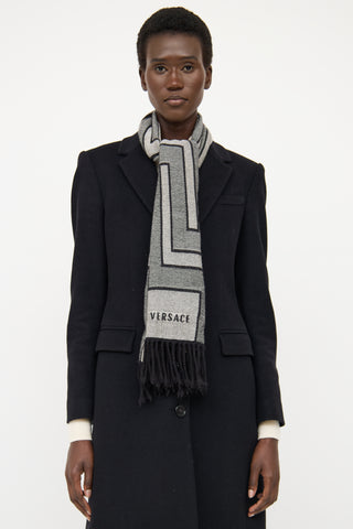 Versace Grey 
Black Wool Logo Scarf