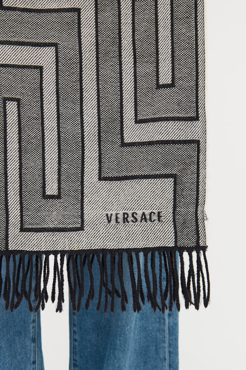 Versace Grey 
Black Wool Logo Scarf