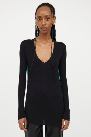 Versace Black 
Green Ribbed Silk Top