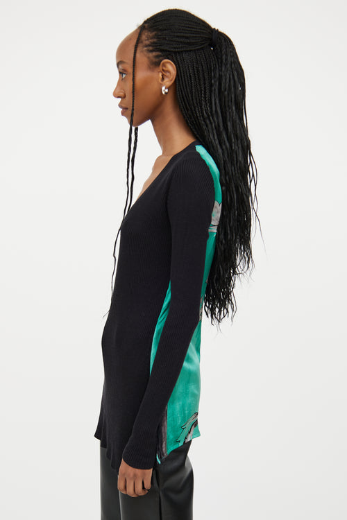 Versace Black 
Green Ribbed Silk Top