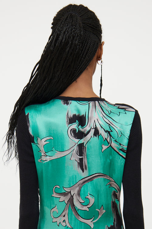 Versace Black 
Green Ribbed Silk Top