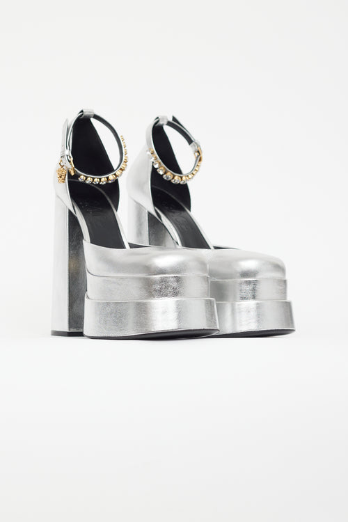 Versace Silver Leather Medusa Aevitas Ankle Pump