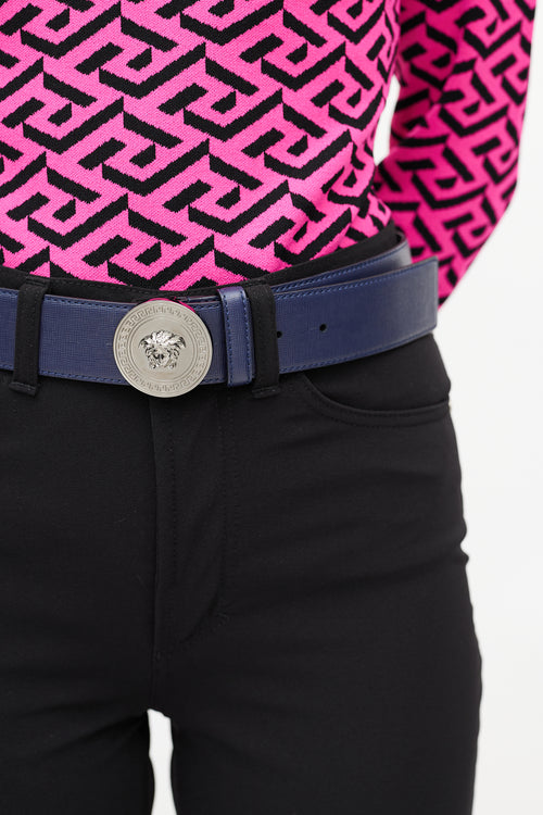 Versace Navy 
Silver Medusa Leather Belt