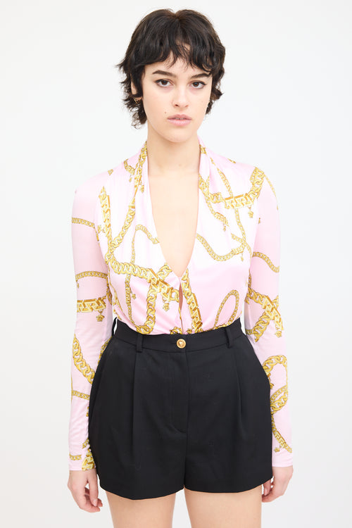 Versace Pink 
Yellow Chain Print V-Neck Bodysuit