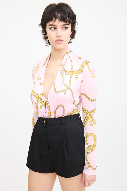 Versace Pink 
Yellow Chain Print V-Neck Bodysuit