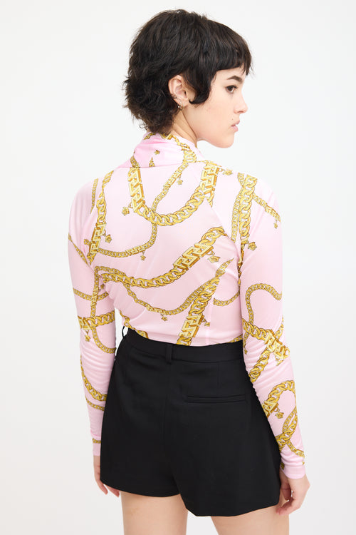 Versace Pink 
Yellow Chain Print V-Neck Bodysuit