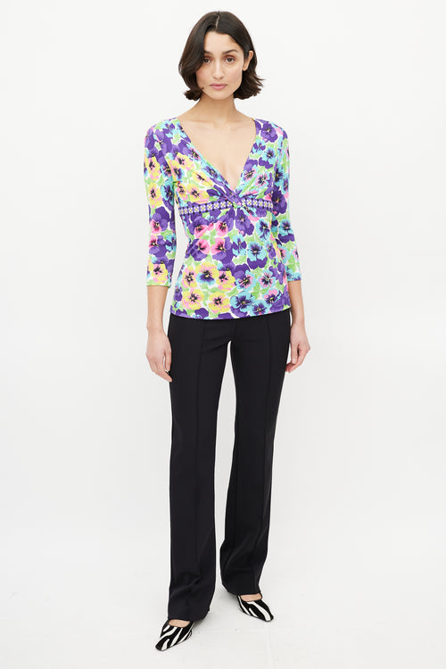 Versace Purple 
Multicolour Floral V-Neck Top