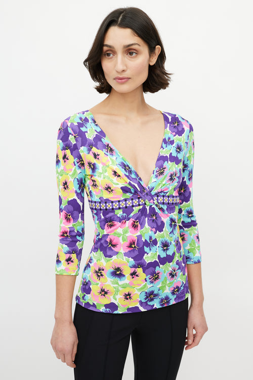 Versace Purple 
Multicolour Floral V-Neck Top