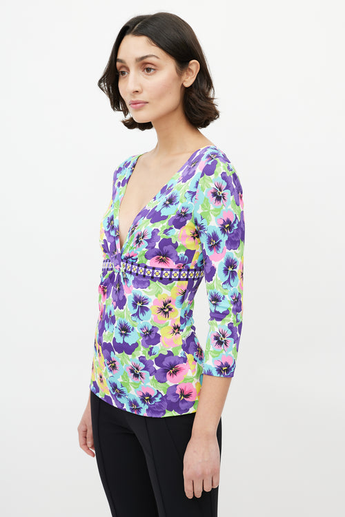 Versace Purple 
Multicolour Floral V-Neck Top