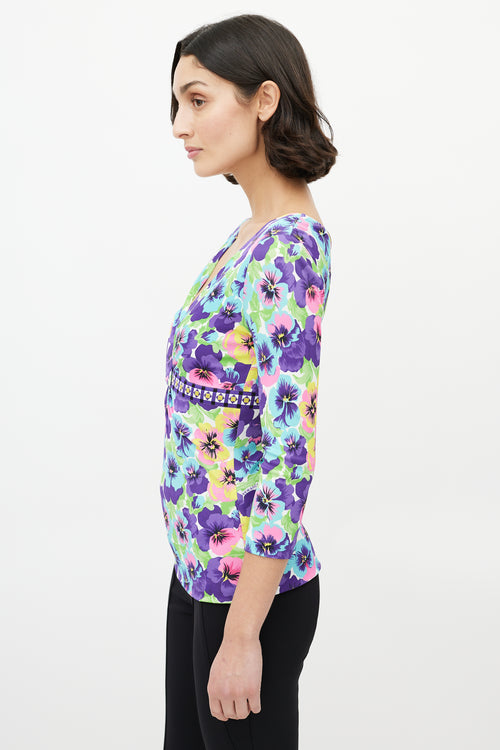 Versace Purple 
Multicolour Floral V-Neck Top