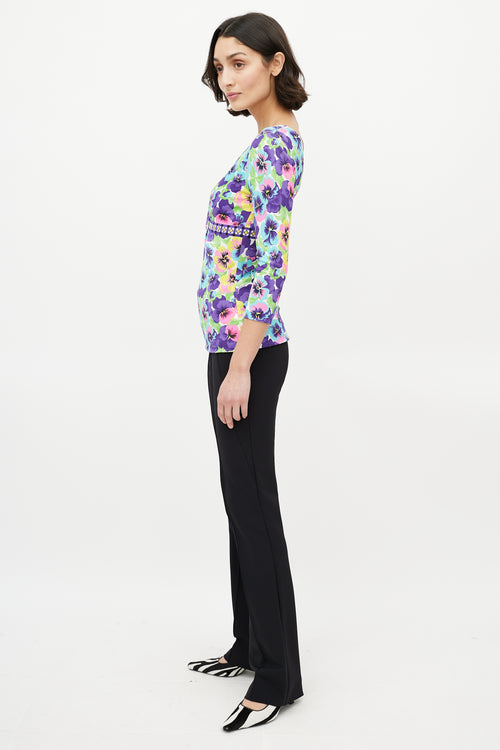 Versace Purple 
Multicolour Floral V-Neck Top