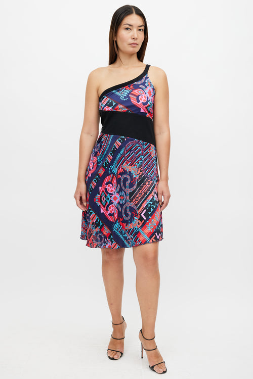 Versace Black 
Multi Print One Shoulder Dress