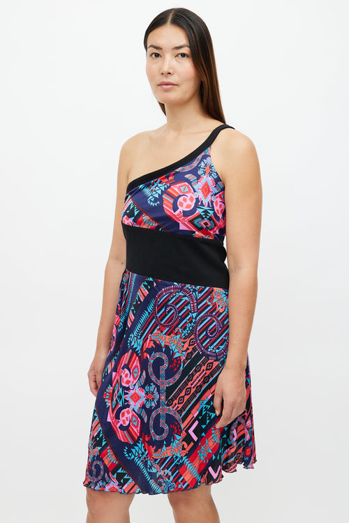 Versace Black 
Multi Print One Shoulder Dress