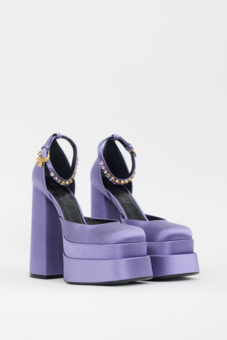 Versace Purple Satin Embellished Medusa Aevitas Platform Heel