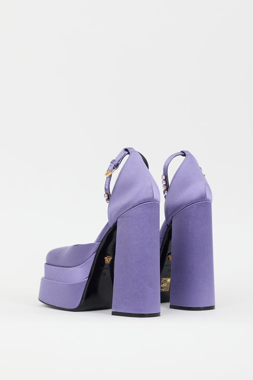 Versace Purple Satin Embellished Medusa Aevitas Platform Heel