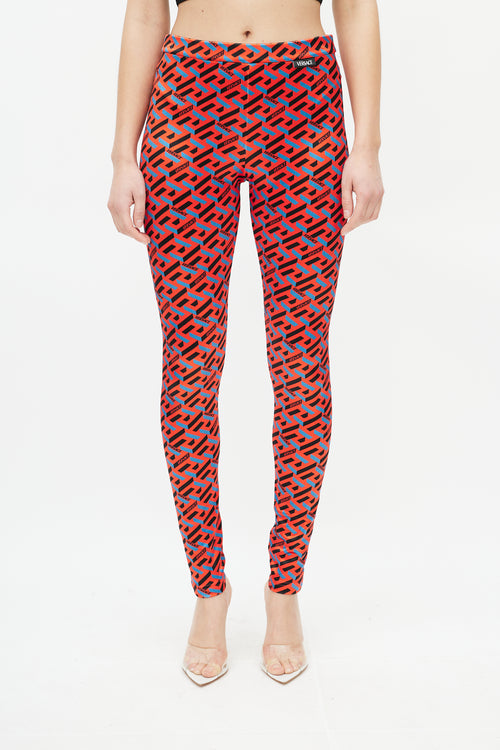 Versace Red 
Black Le Greca Logo Legging