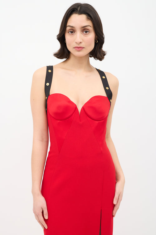 Versace Red Embellished Cross Strap Midi Dress