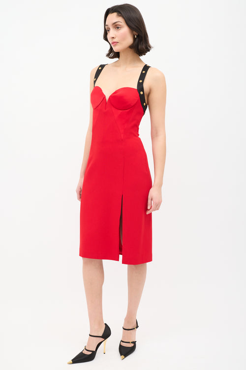 Versace Red Embellished Cross Strap Midi Dress