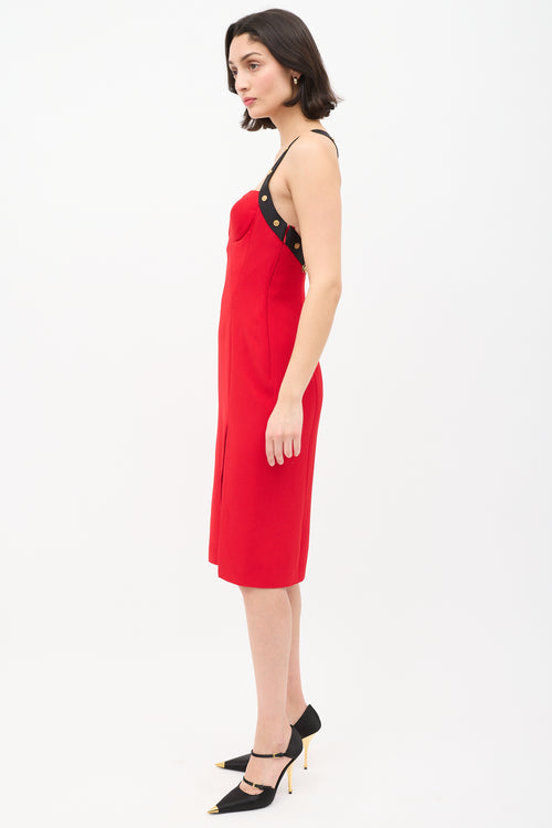 Versace Red Embellished Cross Strap Midi Dress