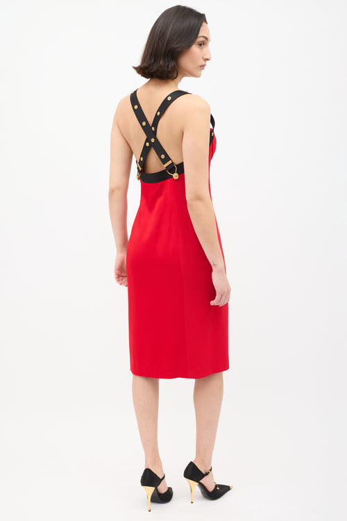 Versace Red Embellished Cross Strap Midi Dress