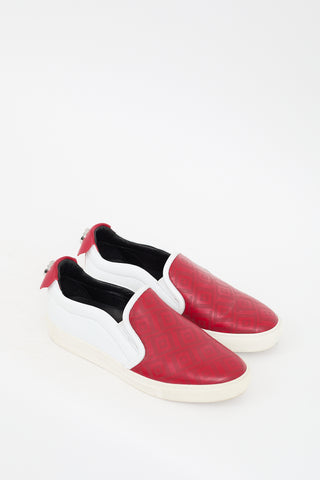 Versace Red 
White Leather Perforated Slip On Sneaker