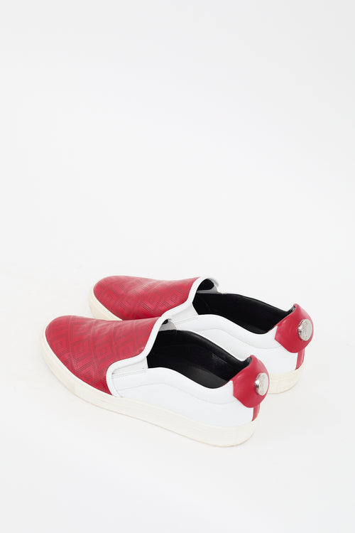 Versace Red 
White Leather Perforated Slip On Sneaker