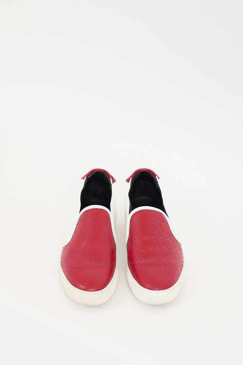 Versace Red 
White Leather Perforated Slip On Sneaker