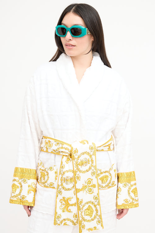 Versace White 
Gold Terry Baroque Logo Robe