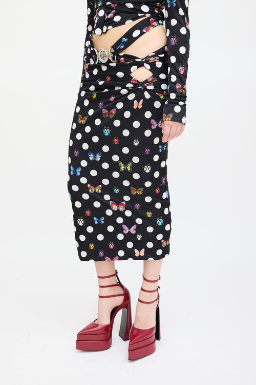 Versace X Dua Lipa Black 
Multi Polka Dot Midi Skirt