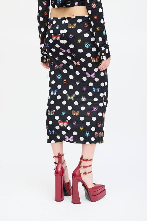 Versace X Dua Lipa Black 
Multi Polka Dot Midi Skirt