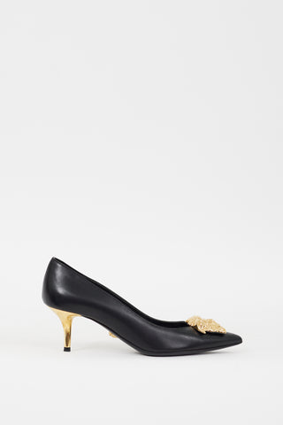 Versace Black 
Gold Leather Medusa Palazzo Pump