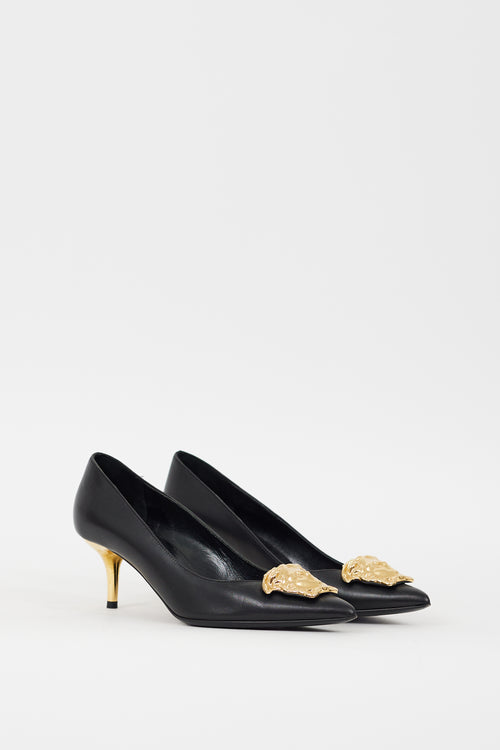 Versace Black 
Gold Leather Medusa Palazzo Pump