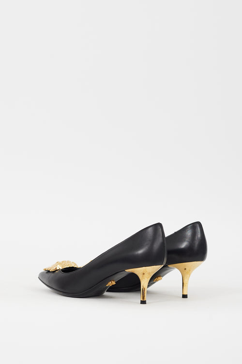 Versace Black 
Gold Leather Medusa Palazzo Pump